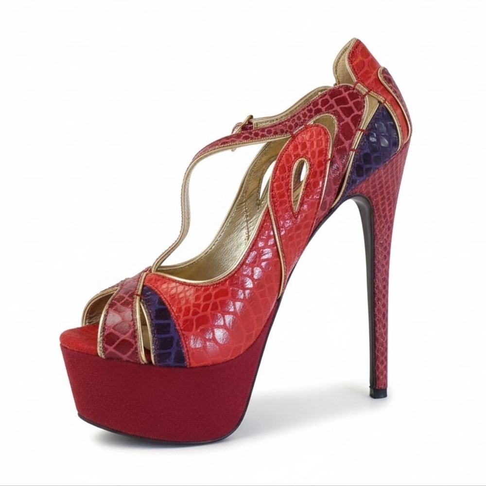 bebe Heels Snakeskin Platform CLARISSA Open Toe Pumps Tall Stiletto Faux Suede 6